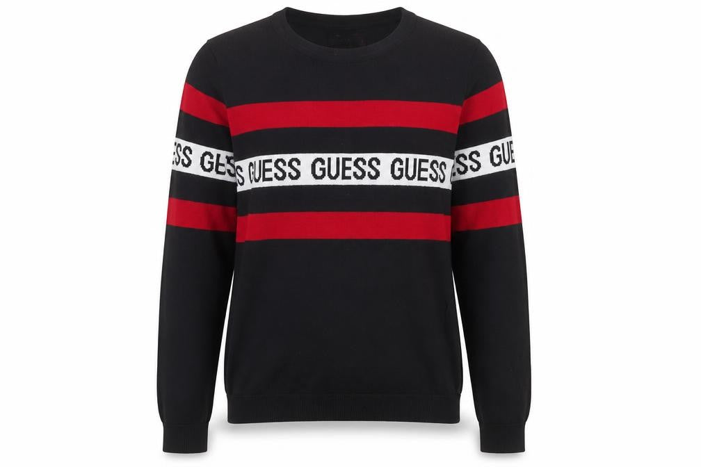 Guess Women Black Red Logo Stripe Jumper Size S