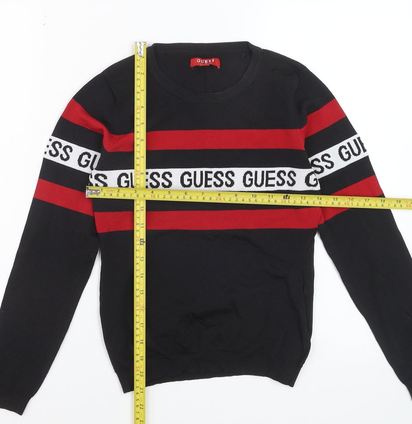 Guess Women Black Red Logo Stripe Jumper Size S