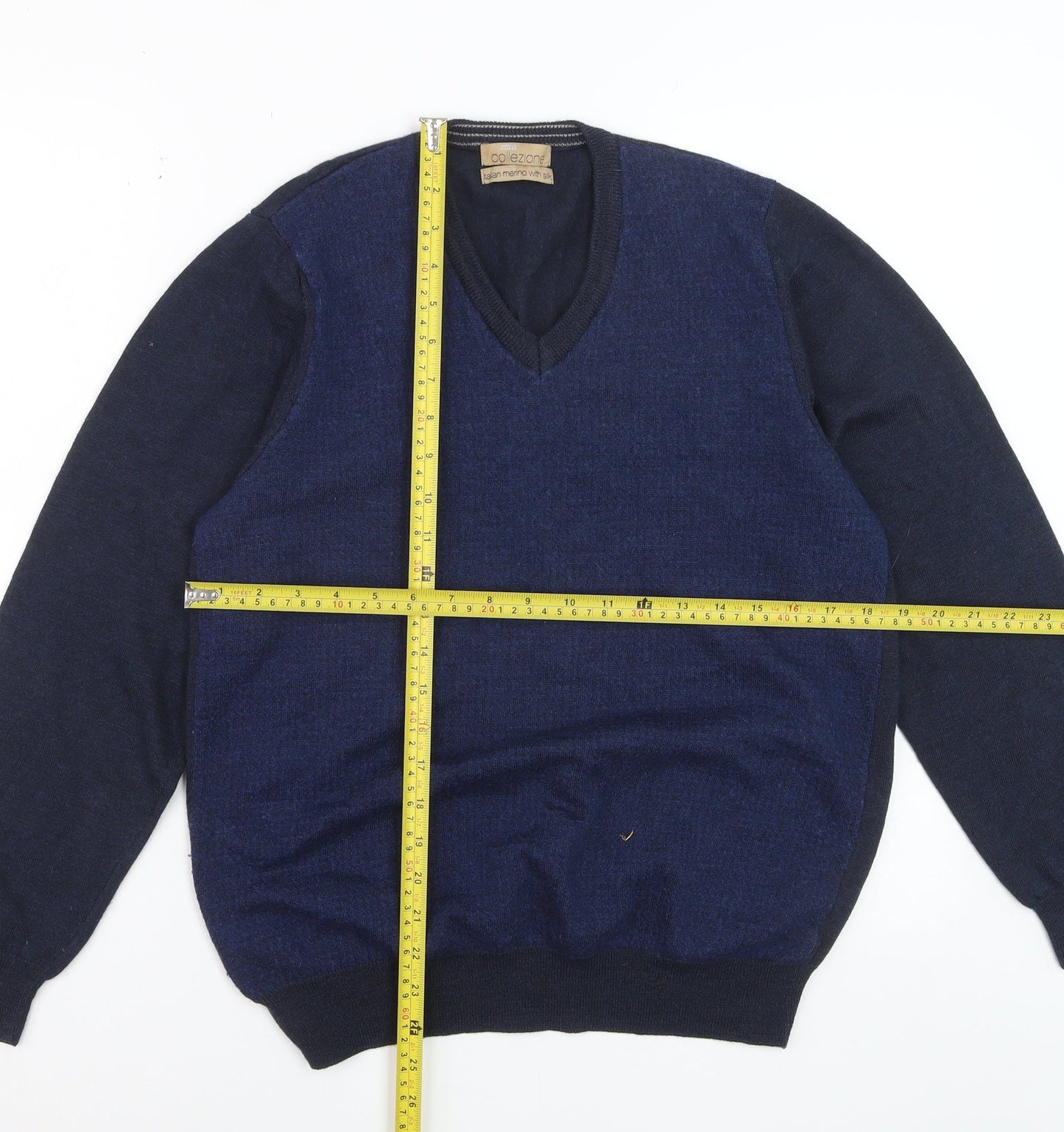 Marks and Spencer Mens Blue Wool Silk V-Neck Jumper Medium