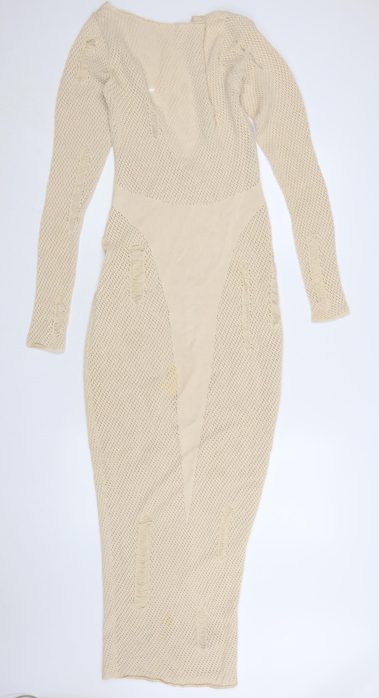 MURCI Women’s Beige Knit Bodycon Midi Dress Size M Long Sleeve V-Neck