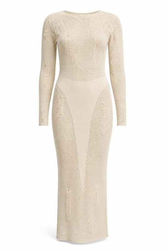 MURCI Women’s Beige Knit Bodycon Midi Dress Size M Long Sleeve V-Neck