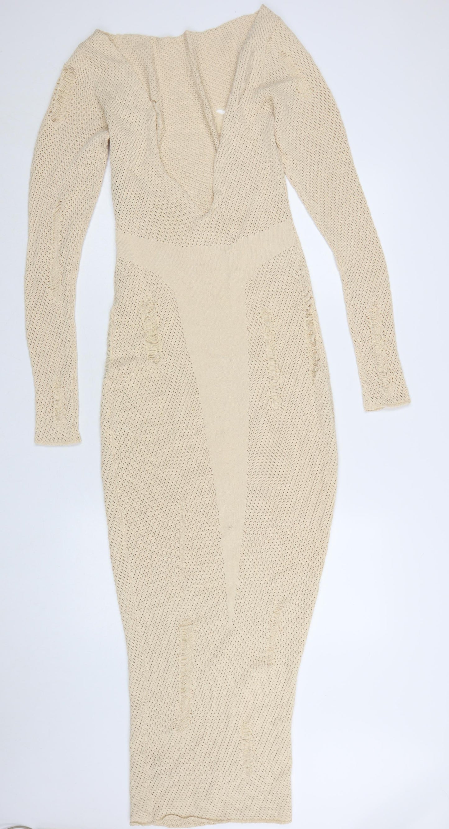 MURCI Women’s Beige Knit Bodycon Midi Dress Size M Long Sleeve V-Neck
