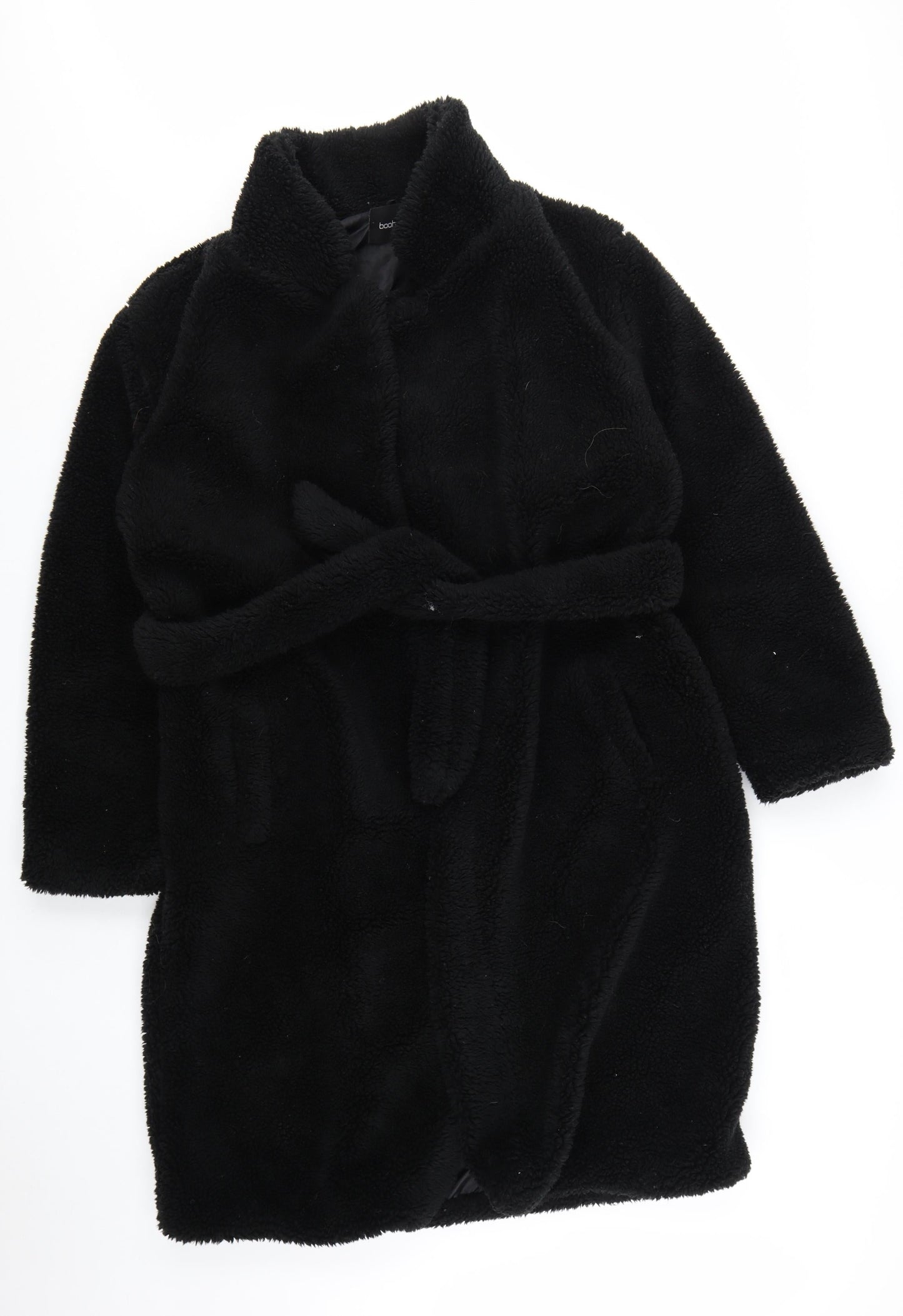Boohoo Women Black Belted Teddy Overcoat Size 8 Winter Wear