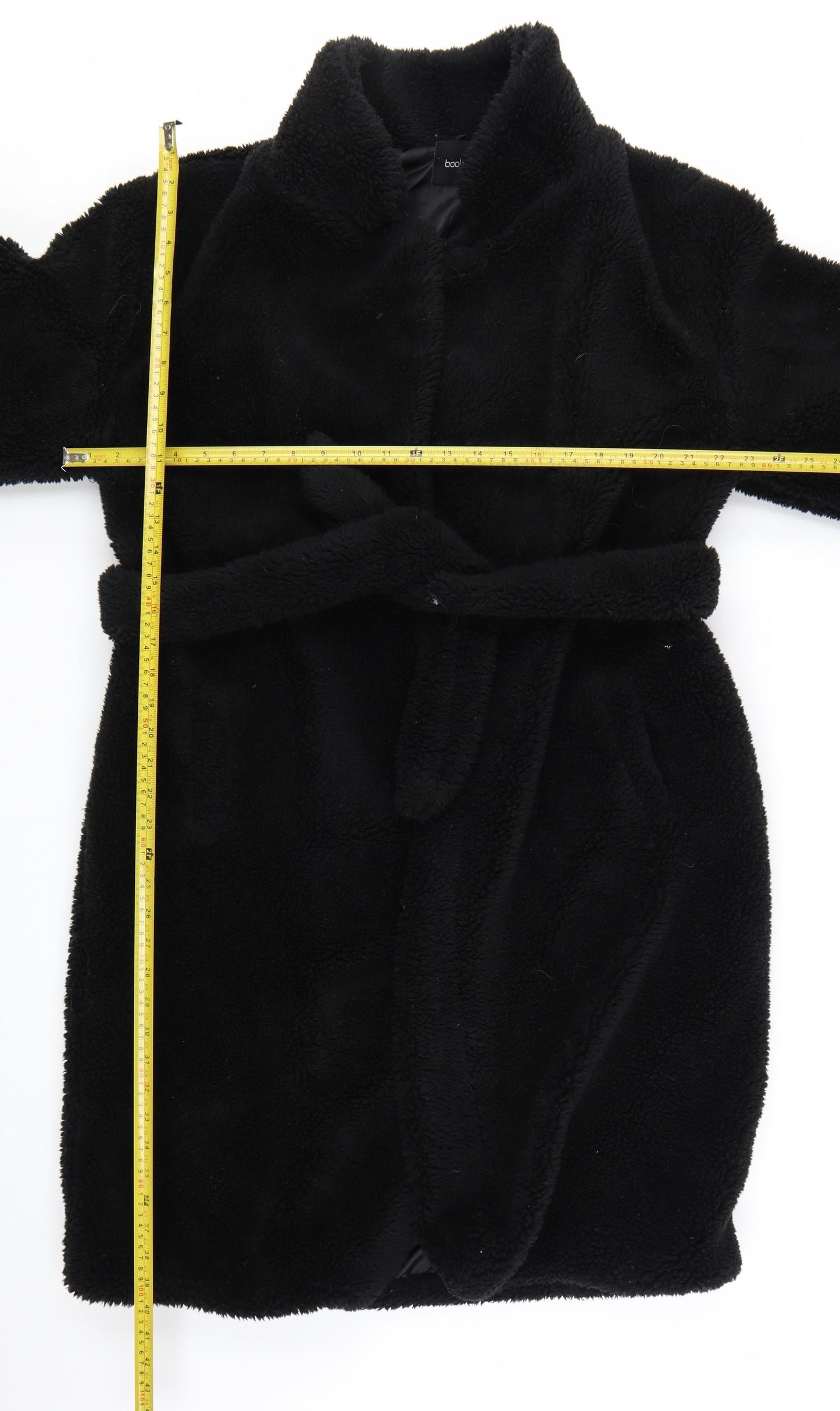 Boohoo Women Black Belted Teddy Overcoat Size 8 Winter Wear