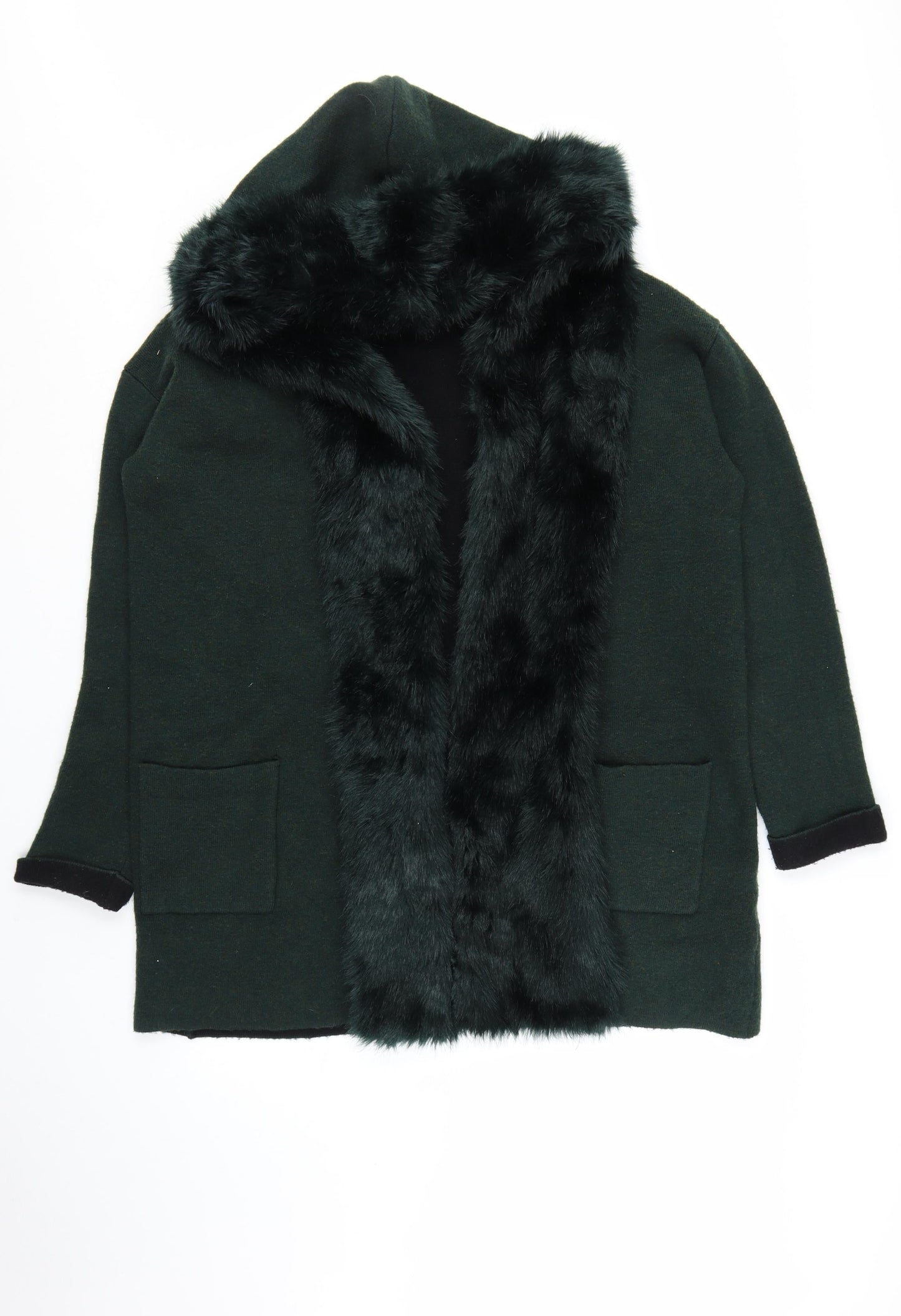 French Connection Womens Green Faux Fur Trim Hooded Cardigan L