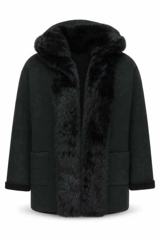 Front view of French Connection women’s green faux fur trim hooded cardigan l