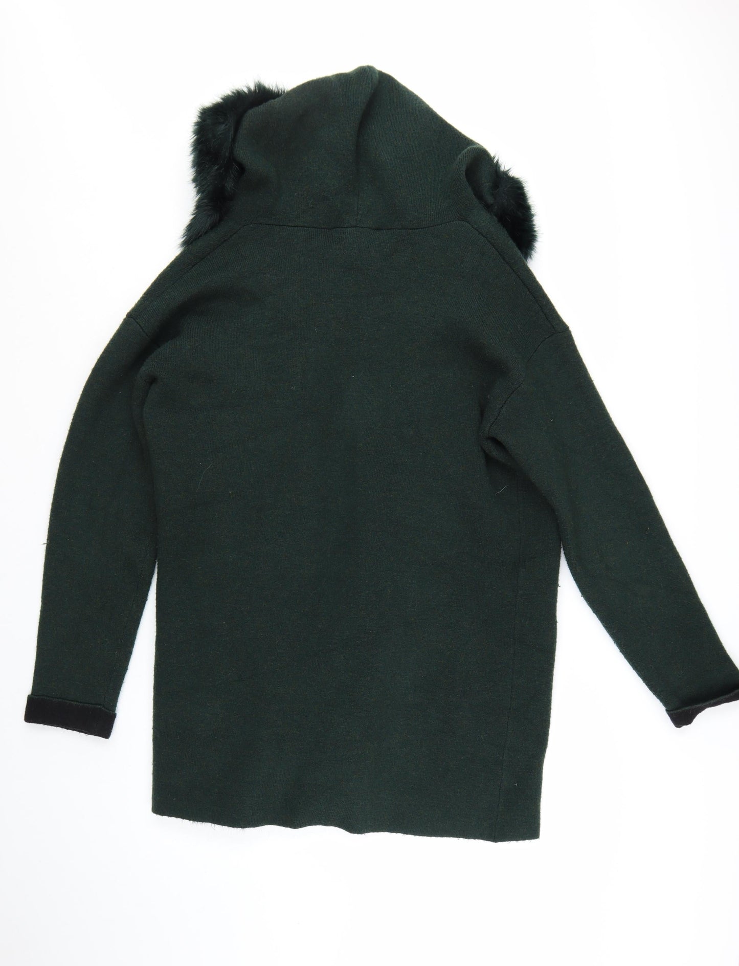 French Connection Womens Green Faux Fur Trim Hooded Cardigan L
