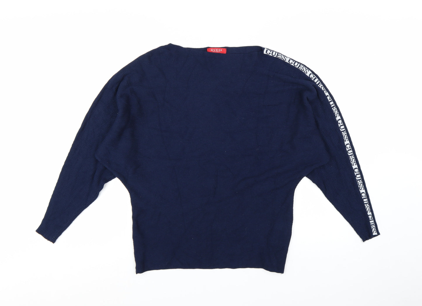Guess Women's Blue Logo Sleeve Boat Neck Pullover Jumper Size M
