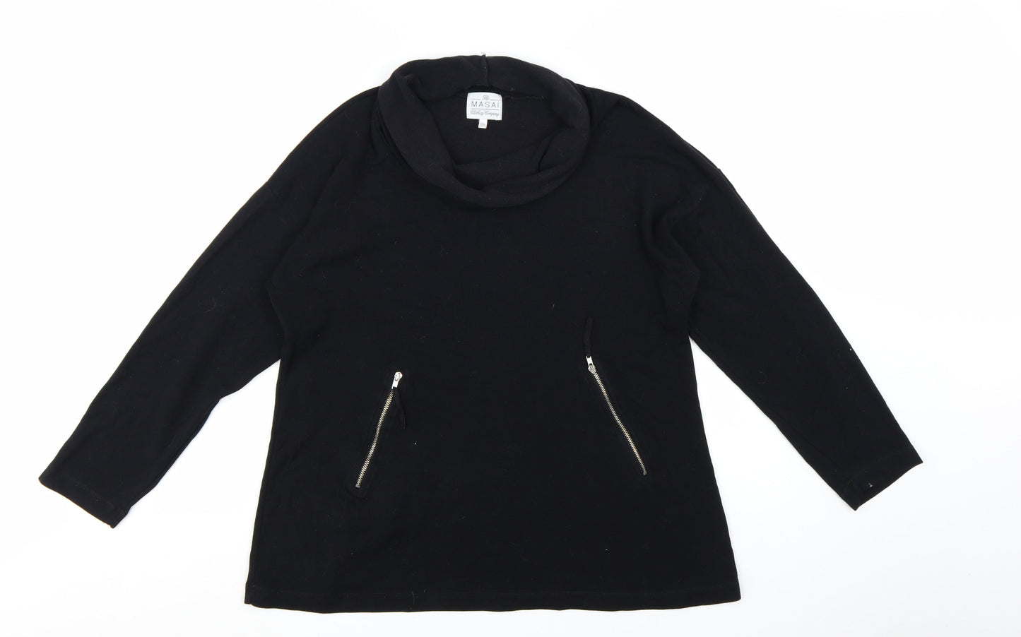 Masai Women Black Cotton Tunic Top XL Long Sleeve Cowl Neck Zip Detail