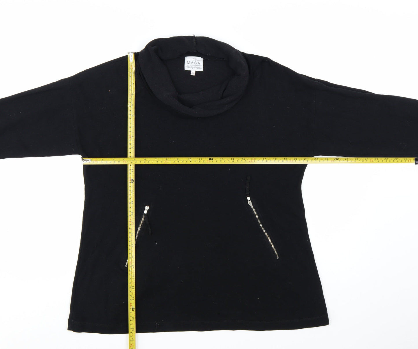 Masai Women Black Cotton Tunic Top XL Long Sleeve Cowl Neck Zip Detail