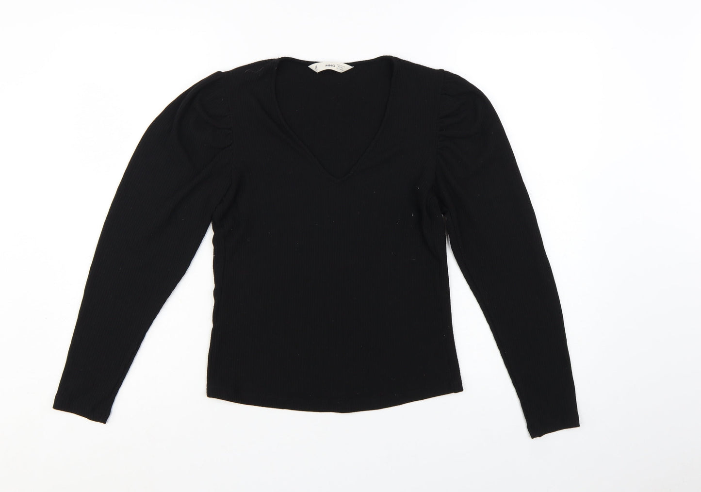 MNG Women Black V-Neck Slim Fit Long Sleeve Basic Top XS