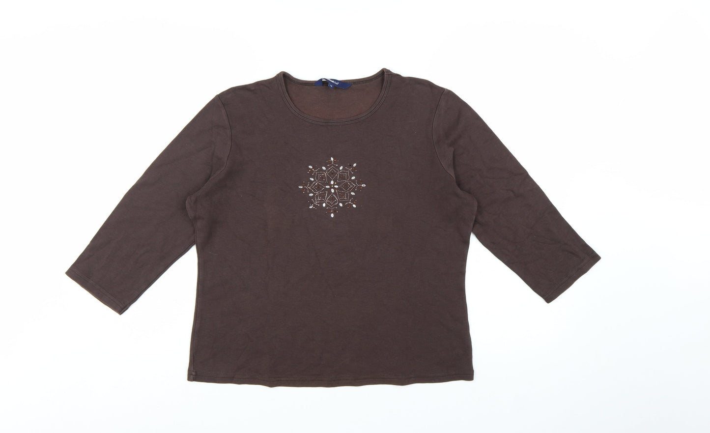Casual Club Women’s Brown Beaded 3/4 Sleeve Cotton T-Shirt Size 16