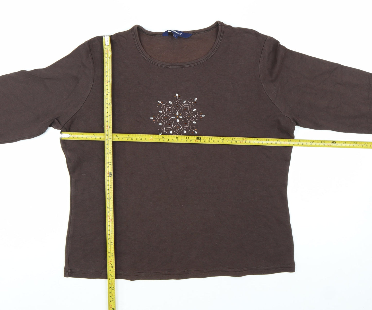 Casual Club Women’s Brown Beaded 3/4 Sleeve Cotton T-Shirt Size 16