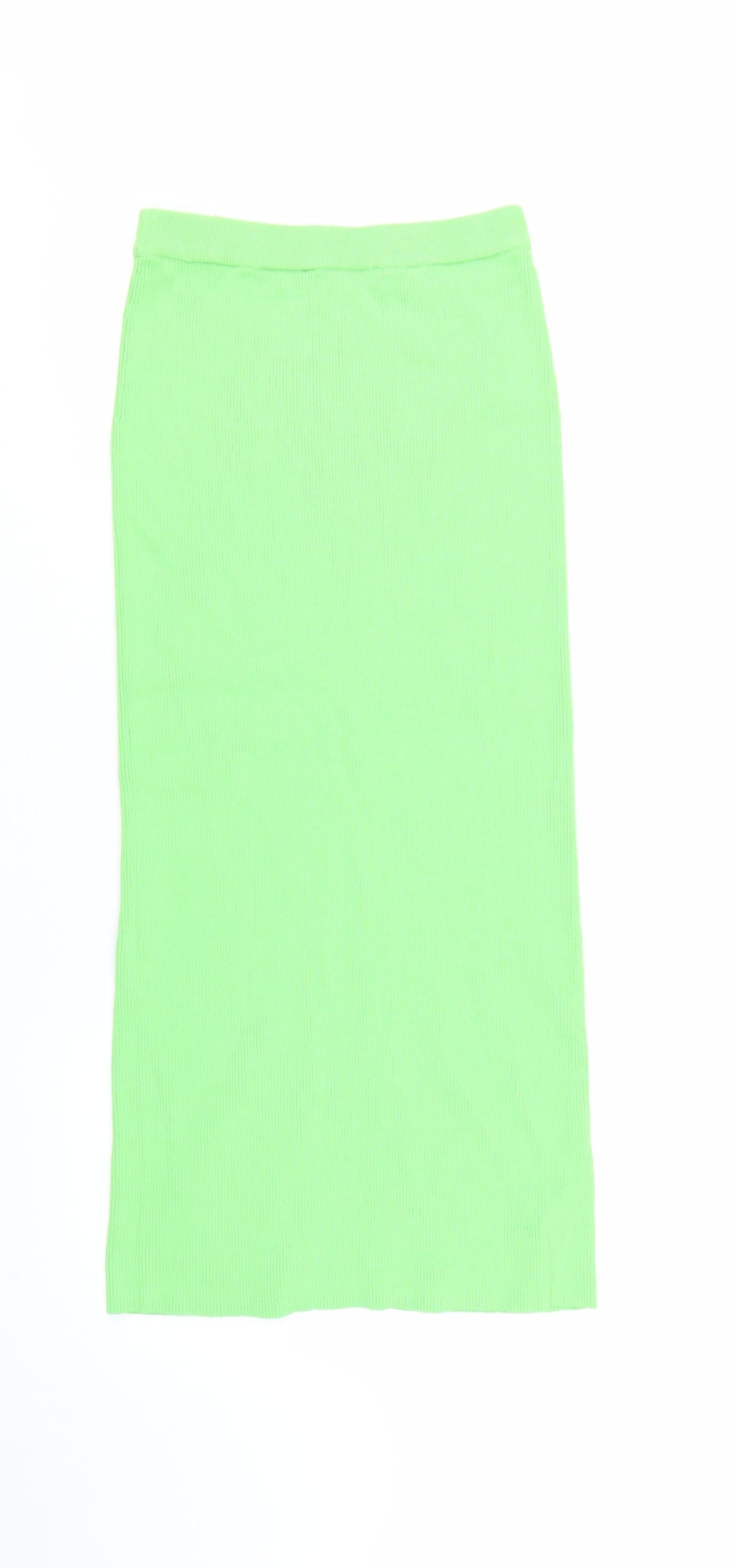 Zara Women Green S Ribbed Knit Midi Pencil Skirt