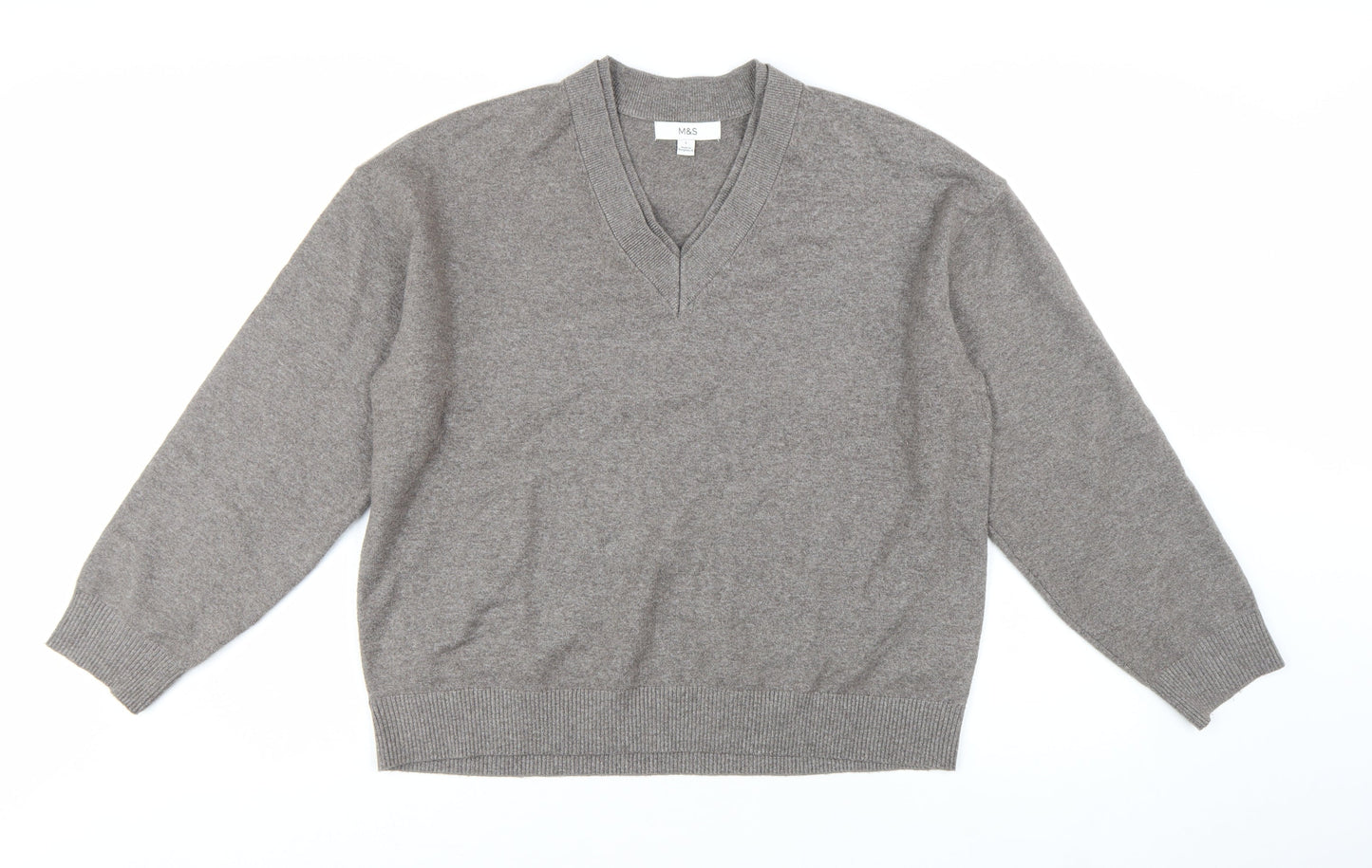 Marks and Spencer Women Grey V-Neck Long Sleeve Knit Pullover Jumper L