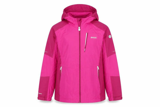 Front view of Regatta girls’ pink waterproof hooded rain coat jacket 13 years
