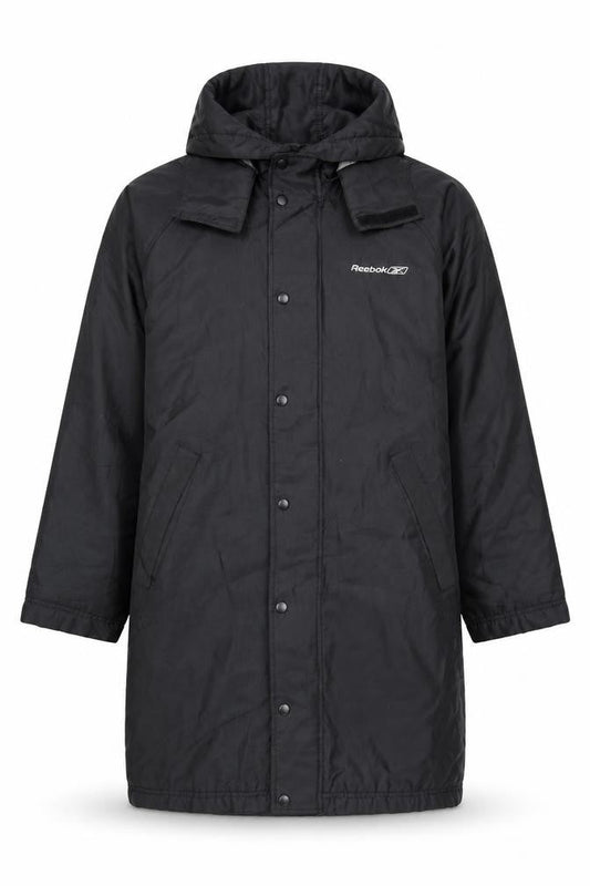 Reebok Men’s Black Hooded Long Parka Coat Size M Lined Winter Jacket