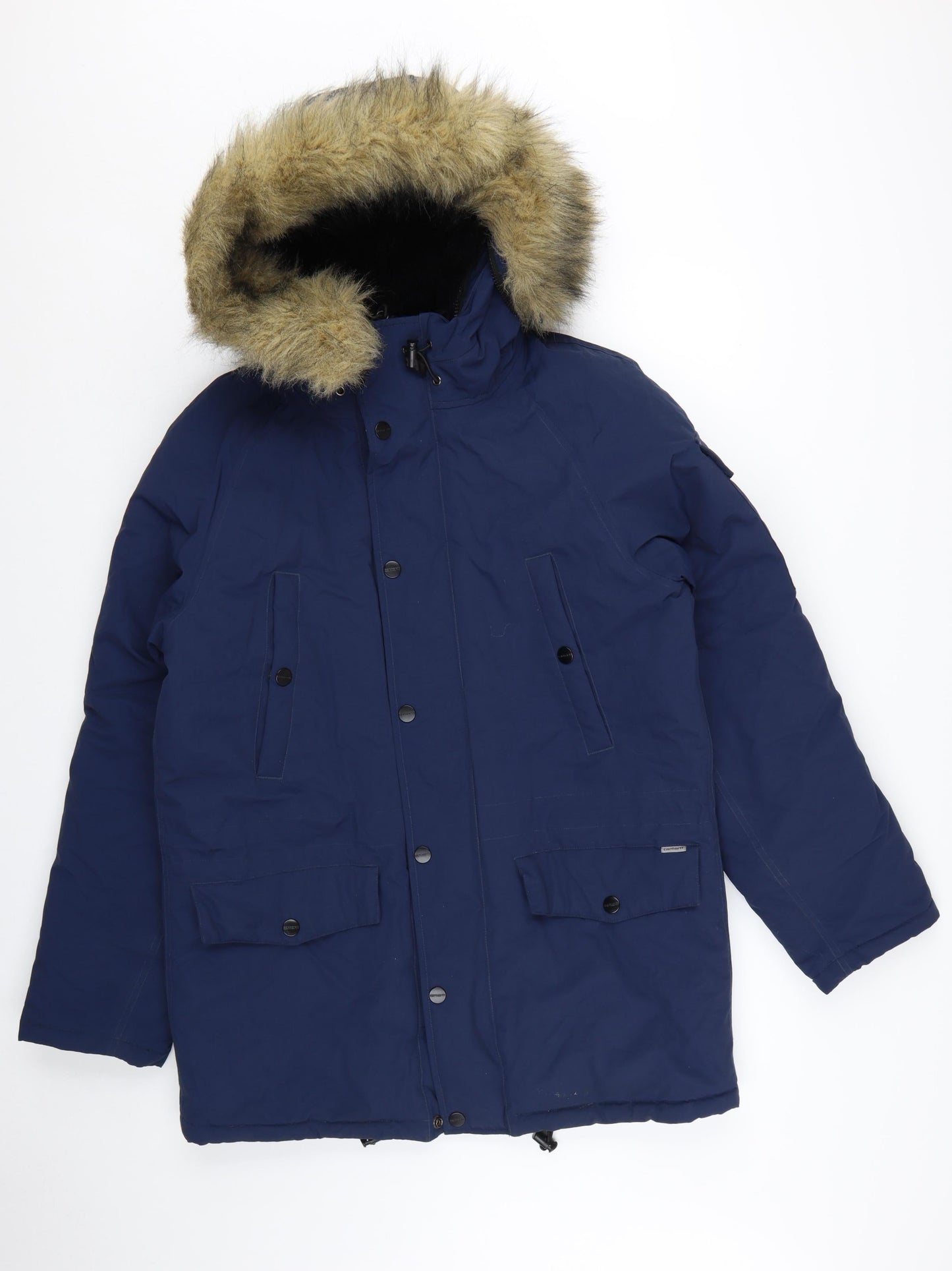 Carhartt Men's Blue Hooded Parka Coat Size M Faux Fur Trim Winter Jacket