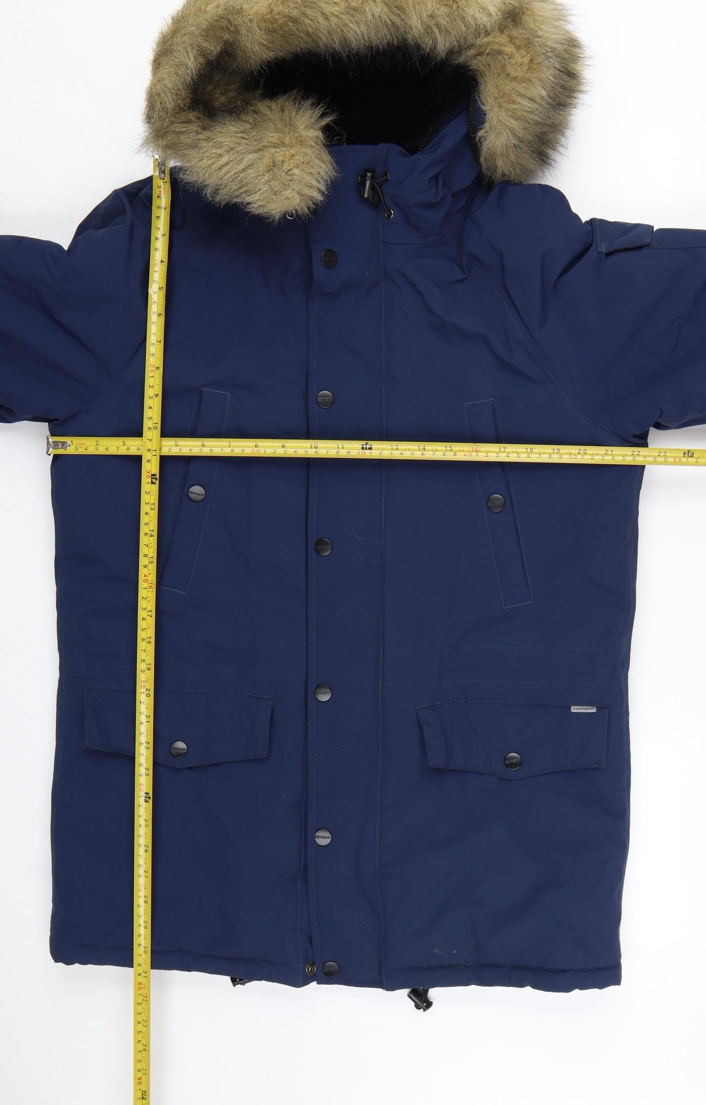 Carhartt Men's Blue Hooded Parka Coat Size M Faux Fur Trim Winter Jacket