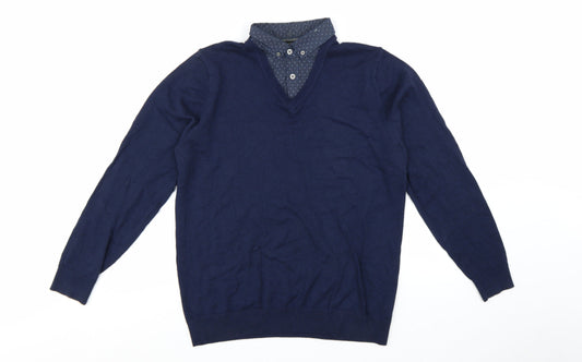 Next Men's Blue Medium V-Neck Cotton Blend Pullover Jumper