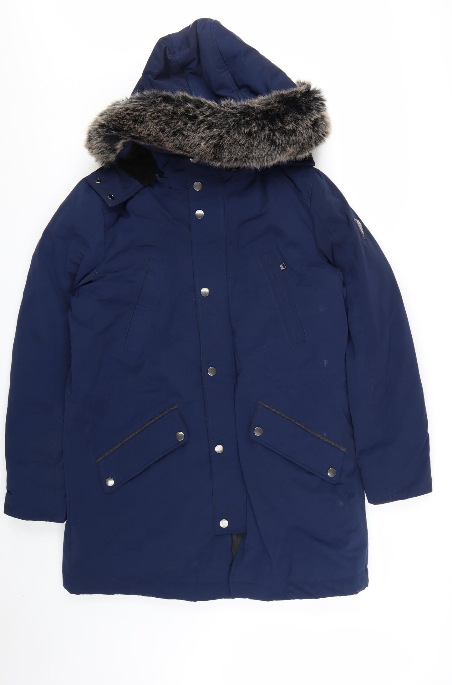 Guess Men's Blue XL Down Parka Coat with Faux Fur Hood
