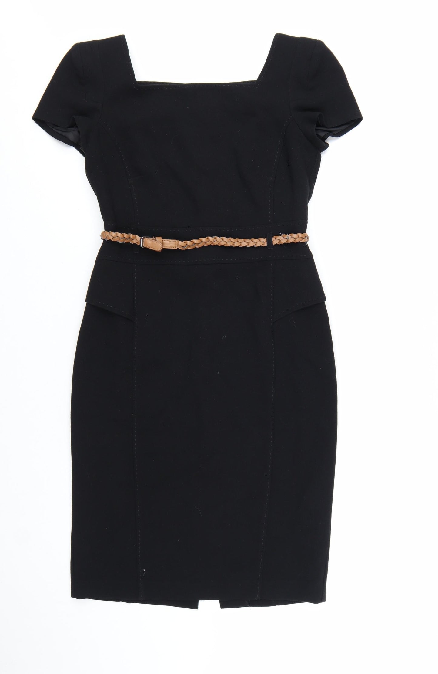 Marks and Spencer Women's Black Knee Length Sheath Dress UK 10 Short Sleeve Belted