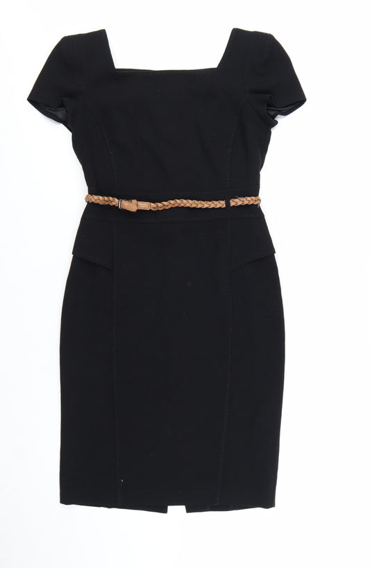 Marks and Spencer Women's Black Knee Length Sheath Dress UK 10 Short Sleeve Belted