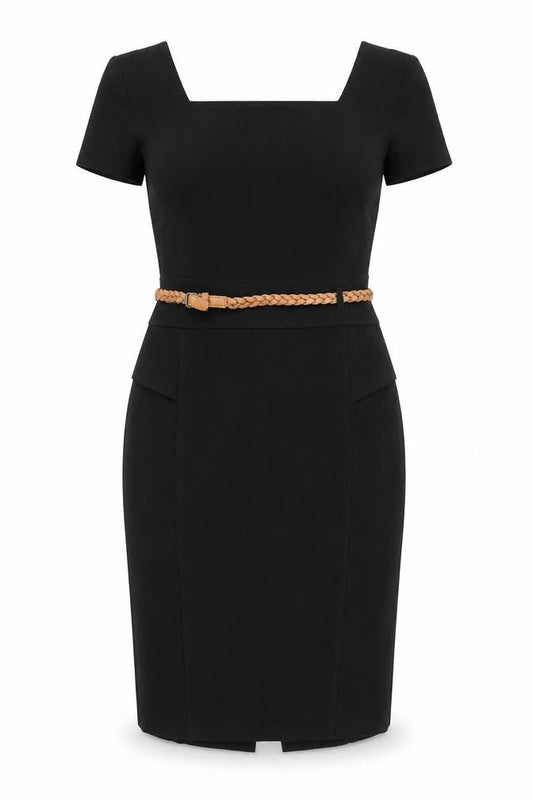 Marks & Spencer Women's Black Knee Length Sheath Dress UK 10 Short Sleeve Belted