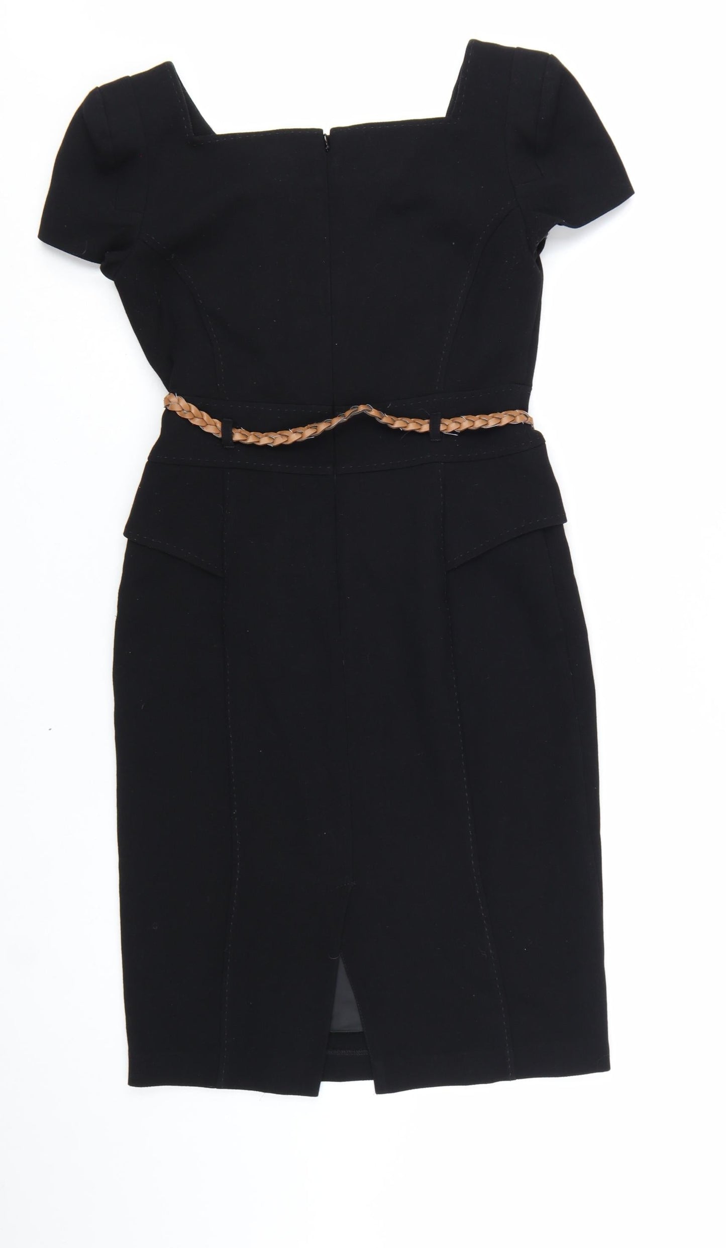 Marks and Spencer Women's Black Knee Length Sheath Dress UK 10 Short Sleeve Belted