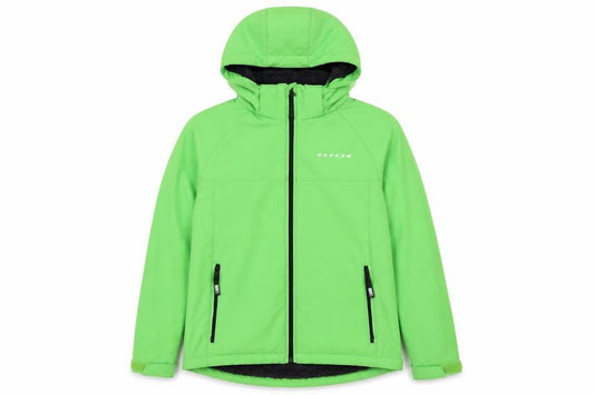 Front view of Dare 2b boys’ green soft shell hooded jacket 13-14 years windproof lined