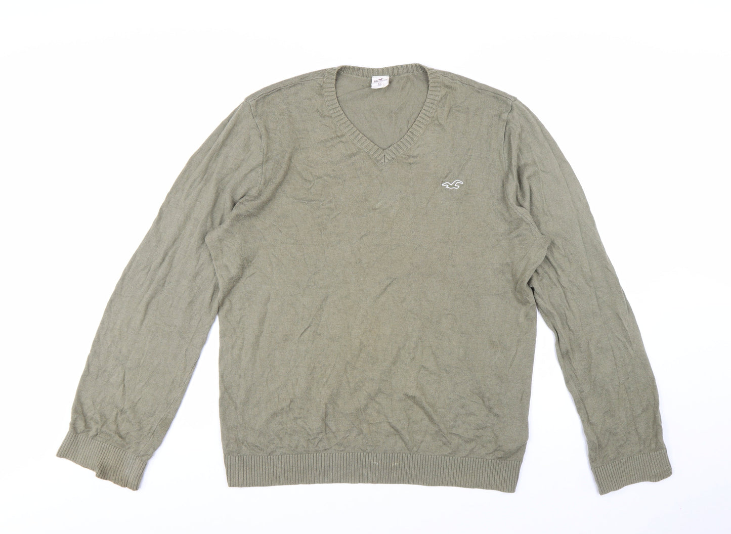 Hollister Men’s Green V-Neck Cotton Blend Pullover Jumper XL
