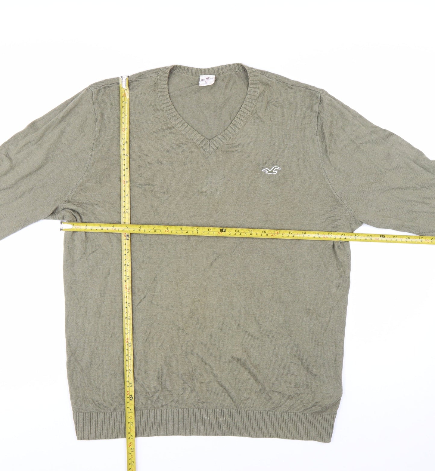 Hollister Men’s Green V-Neck Cotton Blend Pullover Jumper XL