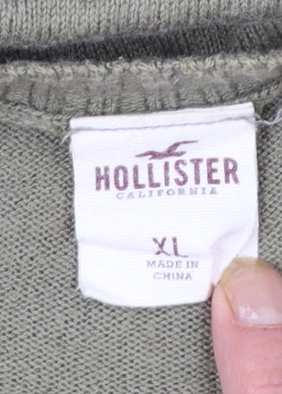 Hollister Men’s Green V-Neck Cotton Blend Pullover Jumper XL