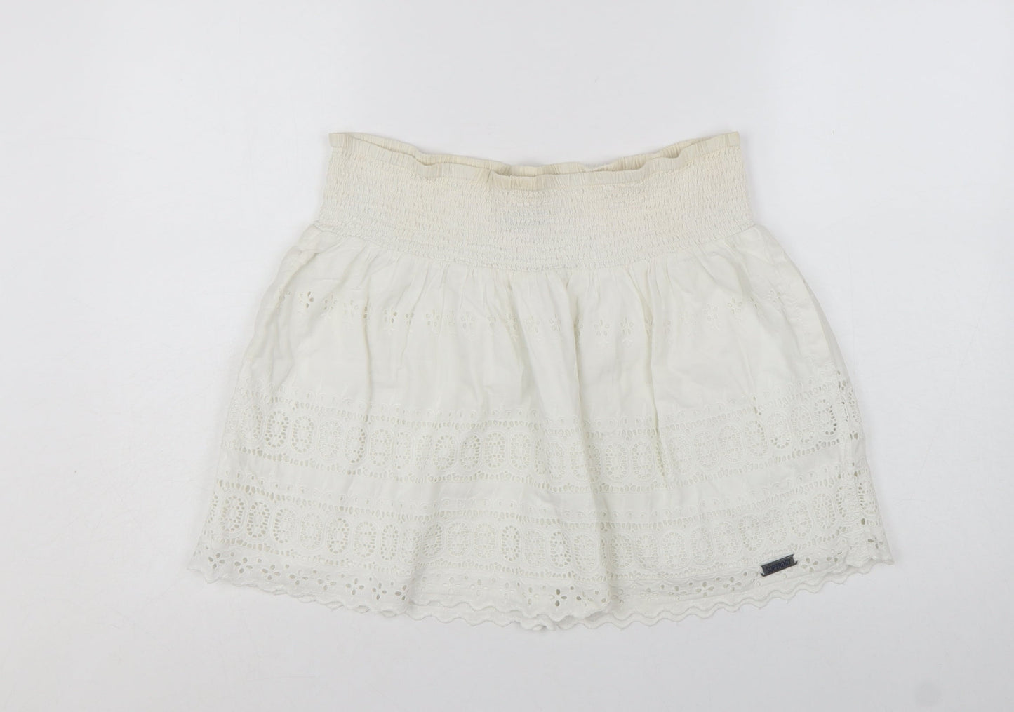 Superdry Women Ivory Cotton A-Line Broderie Short Skirt M