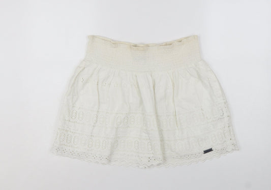 Superdry Women Ivory Cotton A-Line Broderie Short Skirt M