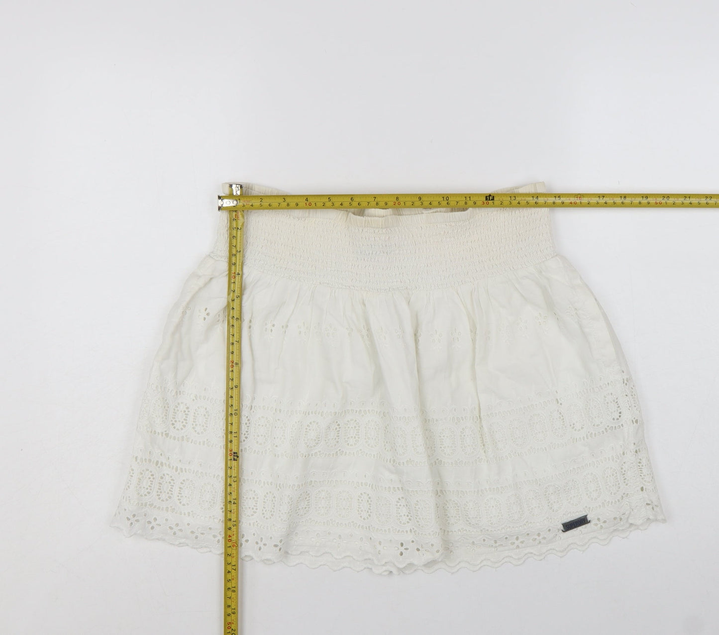 Superdry Women Ivory Cotton A-Line Broderie Short Skirt M
