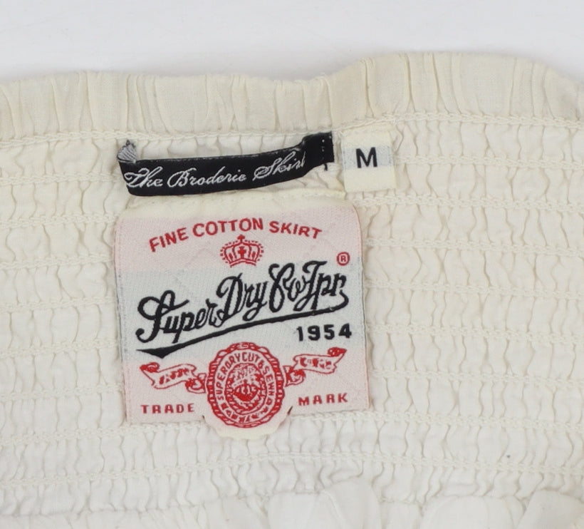 Superdry Women Ivory Cotton A-Line Broderie Short Skirt M