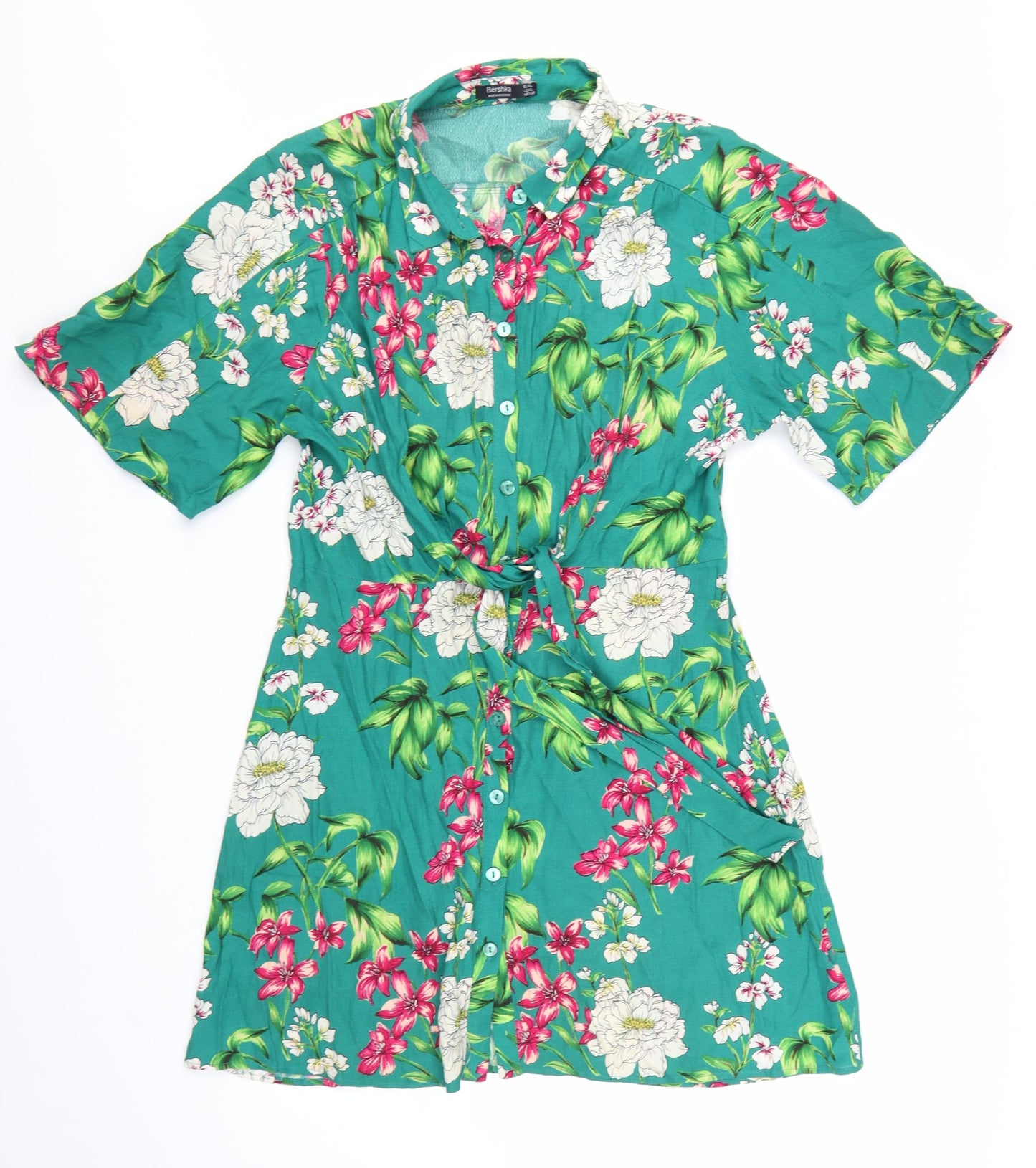 Bershka Women’s Green Floral Shirt Dress Size 12 Short Sleeve