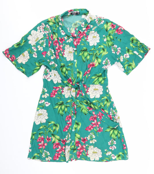 Bershka Women’s Green Floral Shirt Dress Size 12 Short Sleeve