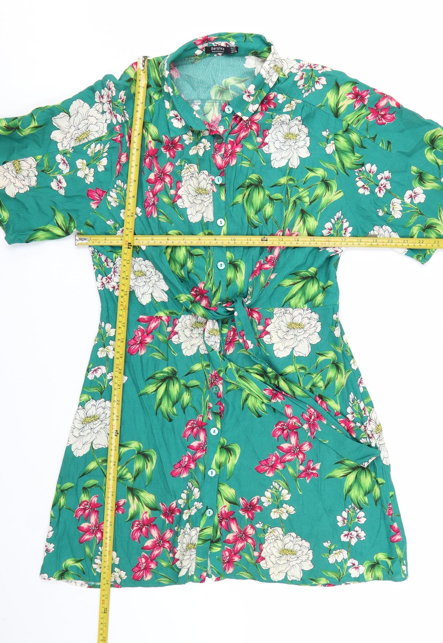 Bershka Women’s Green Floral Shirt Dress Size 12 Short Sleeve