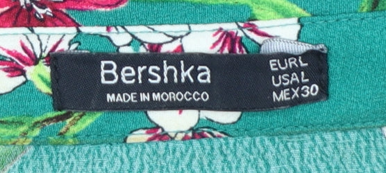 Bershka Women’s Green Floral Shirt Dress Size 12 Short Sleeve