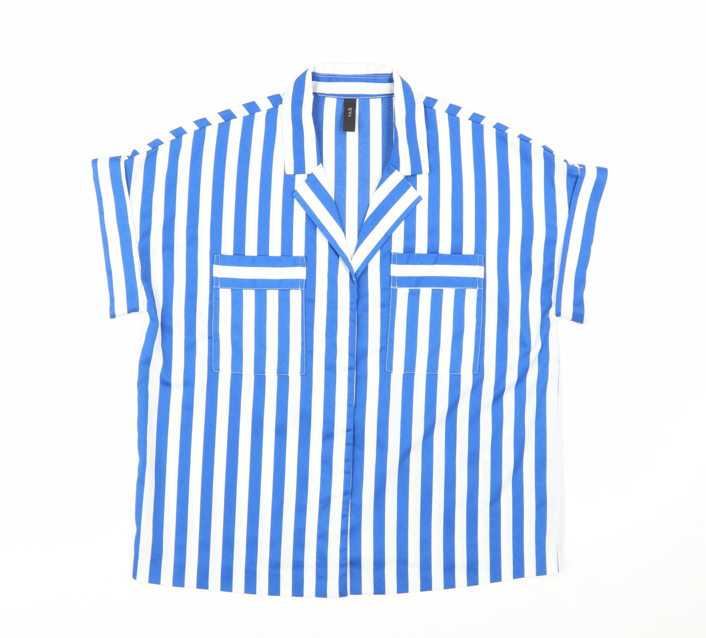 Y.A.S Womens Blue White Striped Collared Short Sleeve Button-Up Shirt Size 10