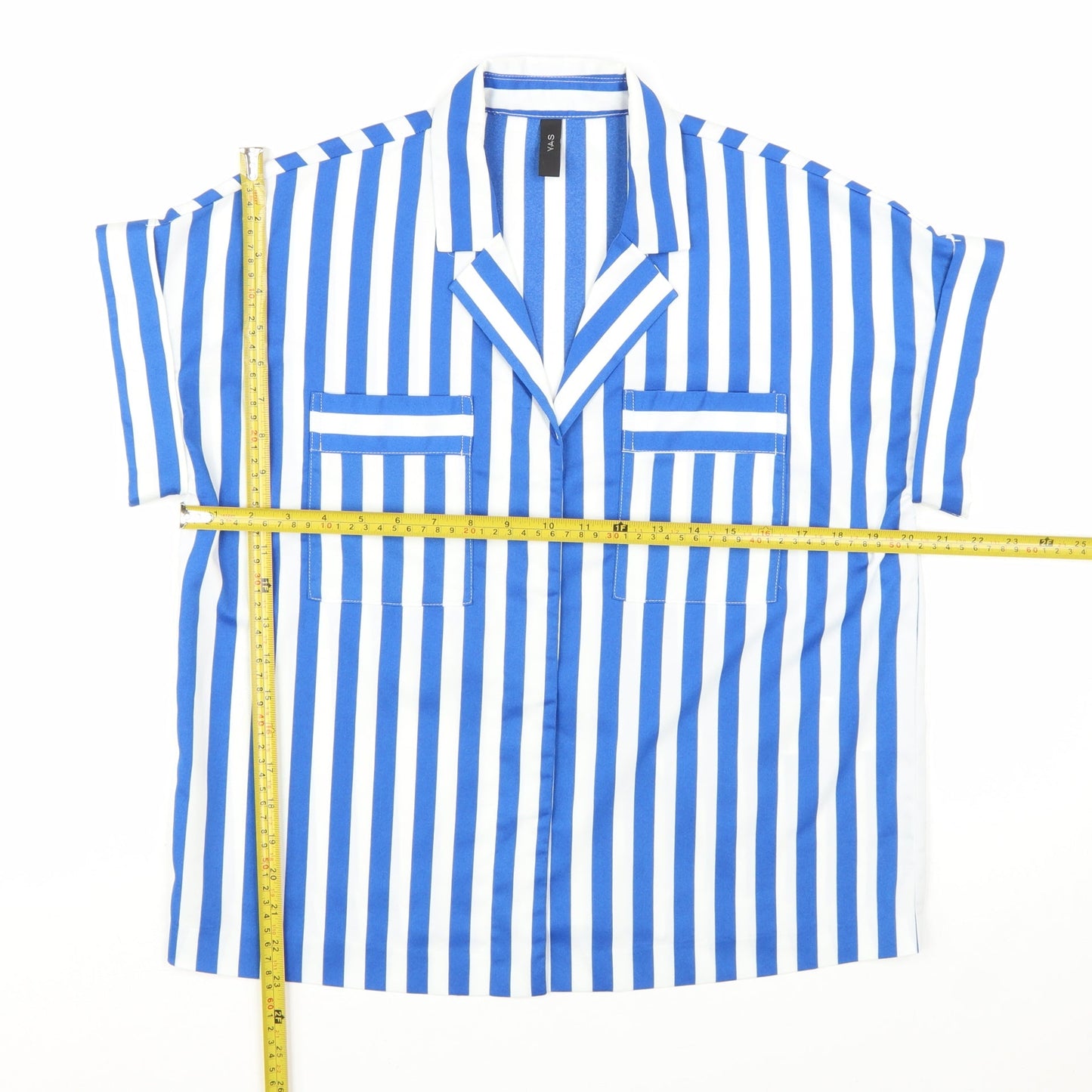Y.A.S Womens Blue White Striped Collared Short Sleeve Button-Up Shirt Size 10
