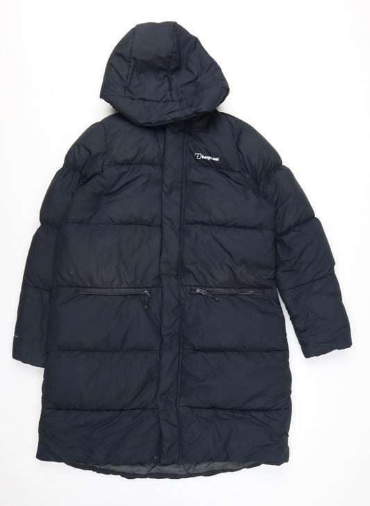 Preloved Berghaus Women's Blue Long Puffer Down Coat Size 12 Hooded Winter Jacket - Front