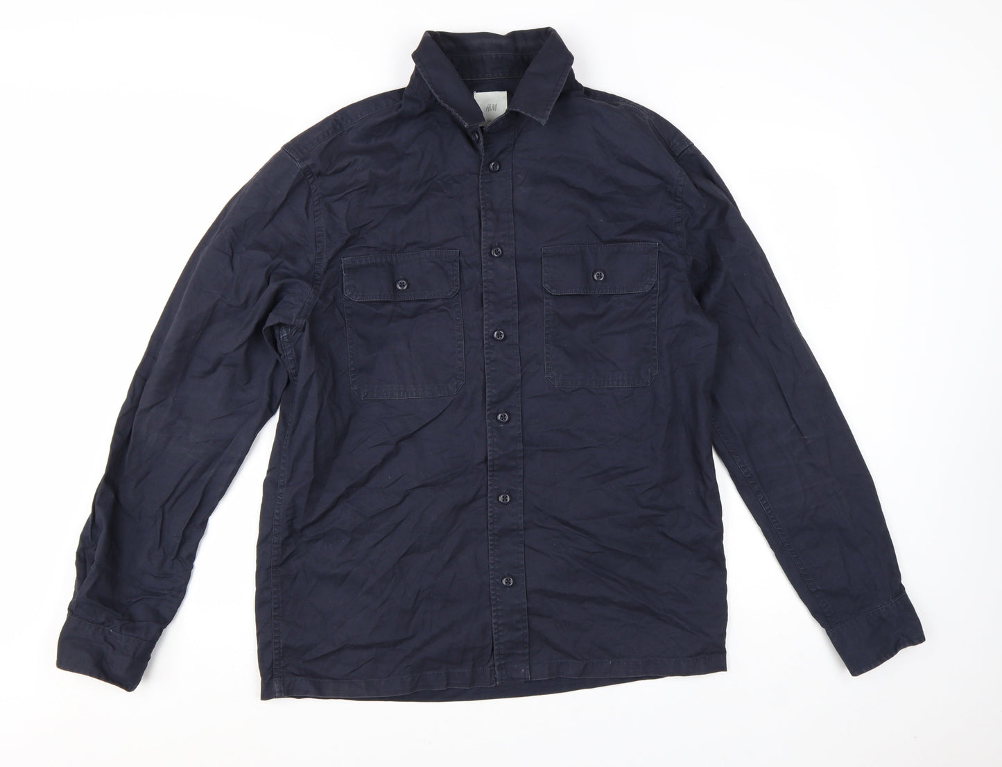 H&M Men's Blue Cotton Long Sleeve Button-Up Casual Shirt M