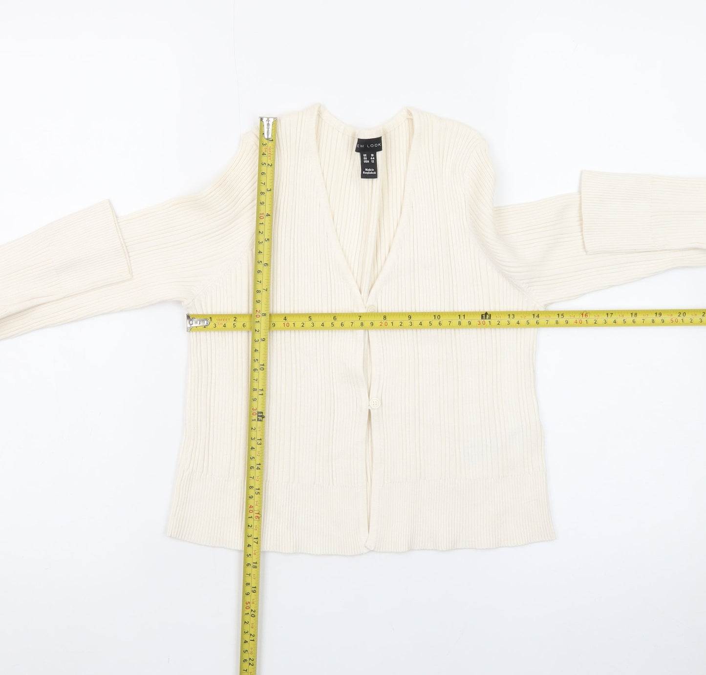 New Look Women's Ivory Ribbed V-Neck Button Cardigan Size 16