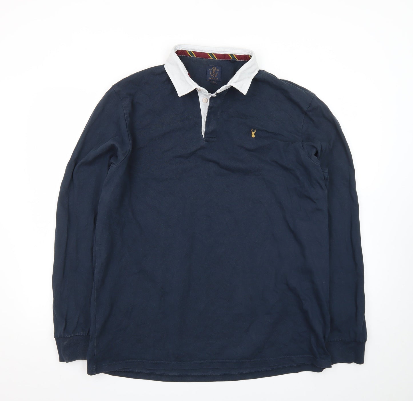 Next Men's Navy Long Sleeve Polo Shirt XL 100% Cotton Elbow Patch