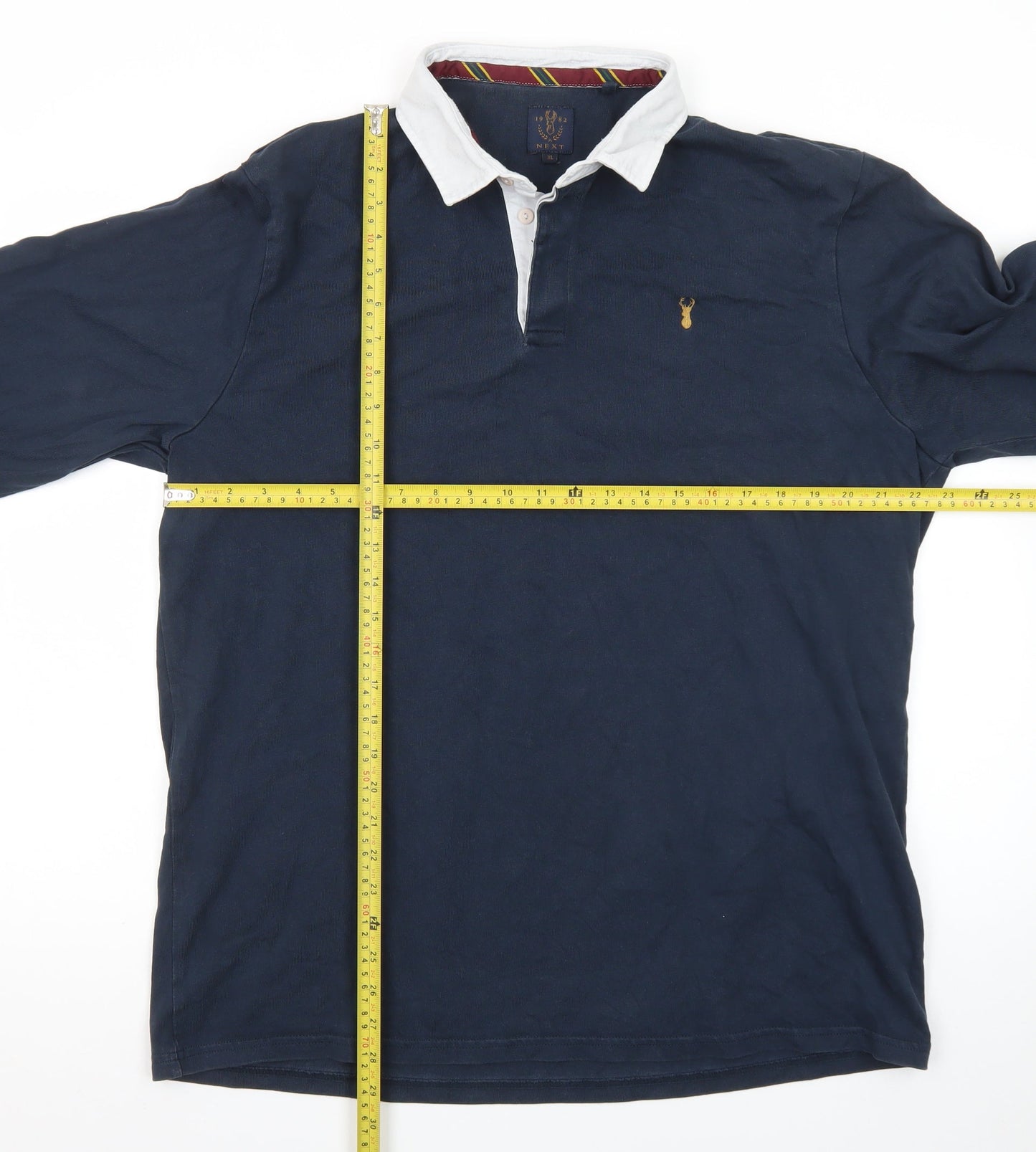 Next Men's Navy Long Sleeve Polo Shirt XL 100% Cotton Elbow Patch