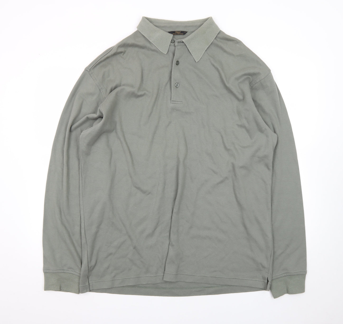 Marks and Spencer St Michael Men's Green Long Sleeve Cotton Polo XL