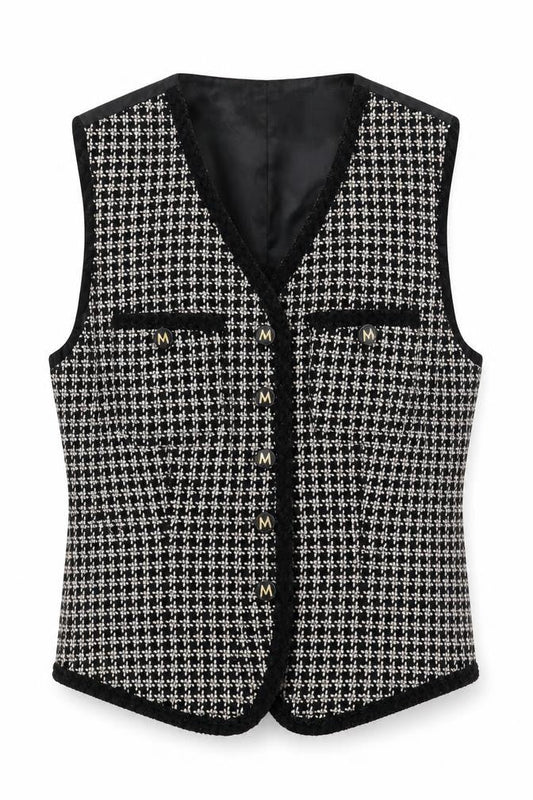 Mondi Collections Women's Black Tweed Sleeveless V-Neck Vest Size 6